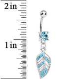 Aqua Gem Paved Floating Leaf Dangle Belly Ring