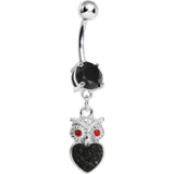 Black Gem and Paved Heart For the Love of Owls Dangle Belly Ring