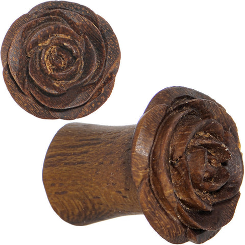 2G Organic Teak Wood Mocha Rosebud Hand Carved Plug Set