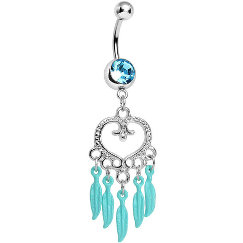 Aqua Gem Heart Full of Dreamcatcher Dangle Belly Ring