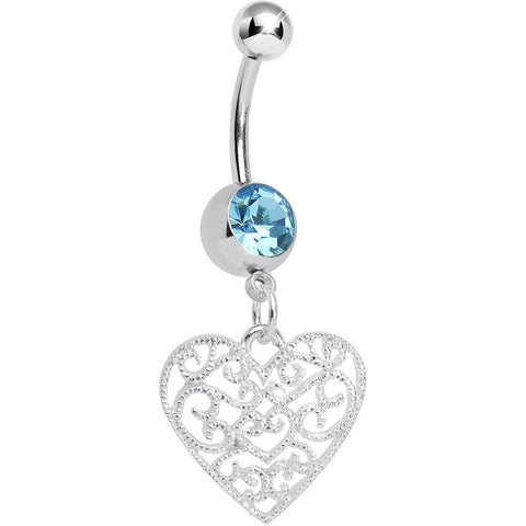 Aqua Gem Filigree Heart Dangle Belly Ring