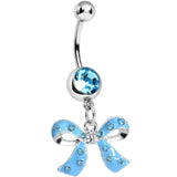 Aqua Gem Polka Dotted Girly Bow Dangle Belly Ring