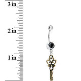 Black Gem Antiqued Bronze Scrolls and Heart Dangle Belly Ring