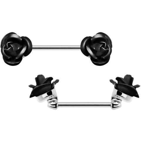 14G Glorious Metallic Black Rose Flower Nipple Barbell Set