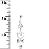 Clear CZ Drop Aqua Gem Bow Half Paved Heart Dangle Belly Ring