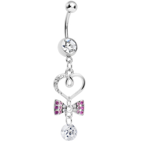 Clear CZ Drop Pink Gem Bow Half Paved Heart Dangle Belly Ring