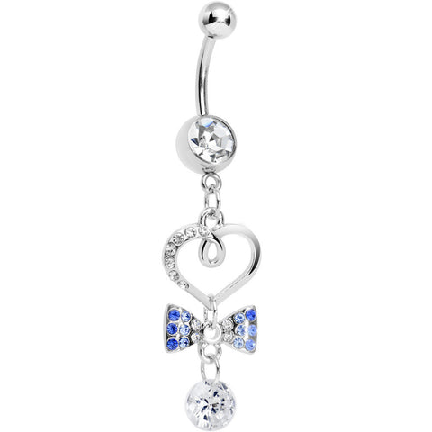 Clear CZ Drop Blue Gem Bow Half Paved Heart Dangle Belly Ring