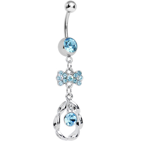Aqua CZ Drop in a Drop and Sparkling Bow Dangle Belly Ring