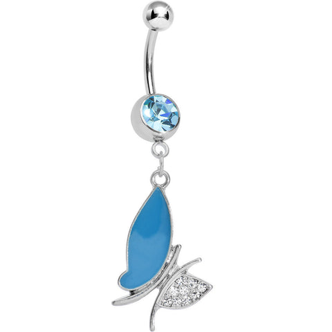 Aqua Gem Blue Wing Nonsymmetrical Butterfly Dangle Belly Ring
