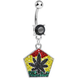 Black Gem Paved Pentagon Rasta Flag Pot Leaf Dangle Belly Ring