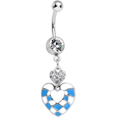 Clear Gem Blue and White Checkerboard Queen Heart Dangle Belly Ring