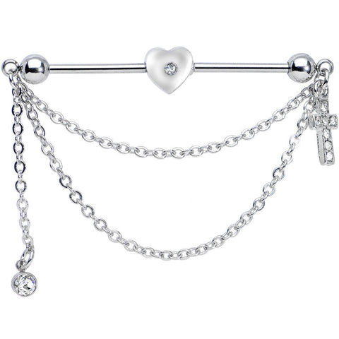 14G Clear Gem Love and Faith Heart Cross Industrial Barbell 38mm