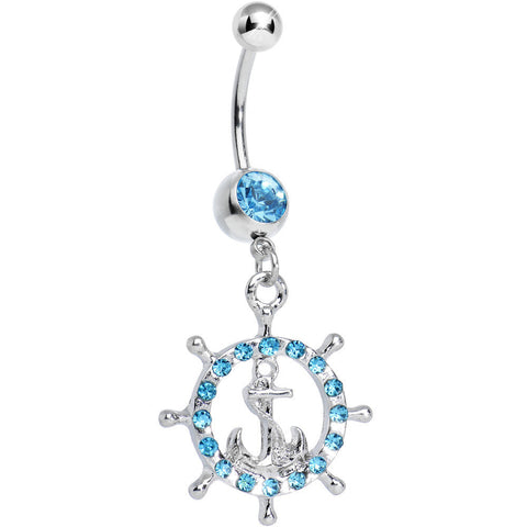 Aqua Gem Paved Glam Ship Wheel and Anchor Dangle Belly Ring