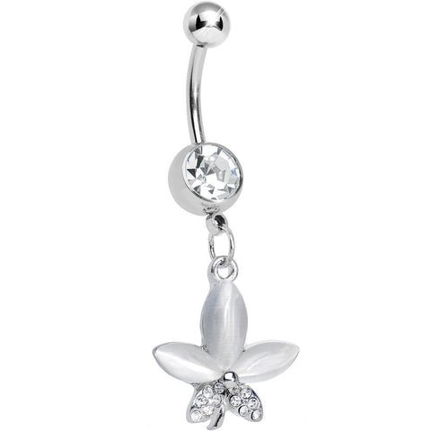 Clear Gem Blooming White Pearly Flower Dangle Belly Ring