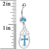 Aqua Gem Oval Framed Elegant Cross Dangle Belly Ring