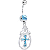 Aqua Gem Oval Framed Elegant Cross Dangle Belly Ring