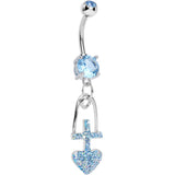 Aqua Gem Glitter Cross and Heart Dangle Belly Ring