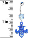 Aqua Gem Bright Blue Flipped Fleur de Lis Dangle Belly Ring