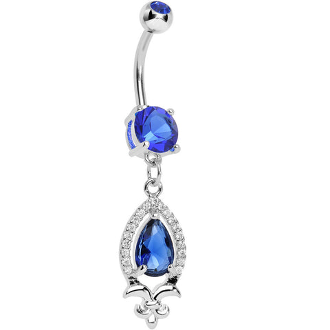 Blue Gem Brilliant Budding Fleur De Lis Dangle Belly Ring