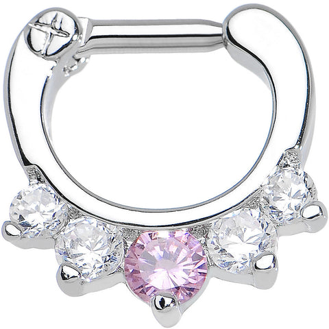 14G 1/4 Five Clear and Pink Cubic Zirconia Septum Clicker