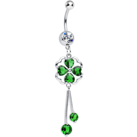 Clear CZ Green Four Heart Clover Dangle Belly Ring