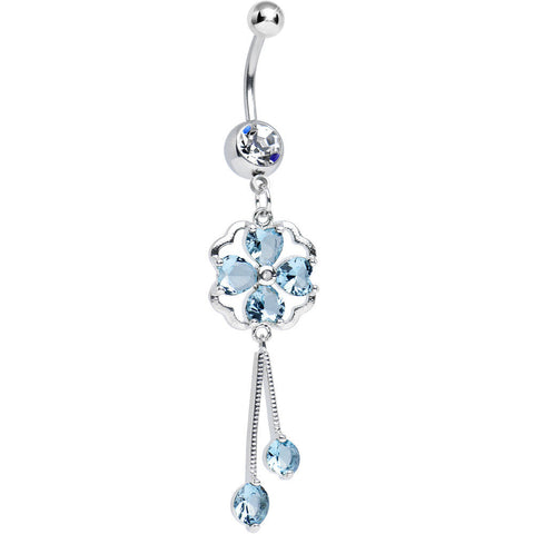 Clear CZ Aqua Four Heart Clover Dangle Belly Ring