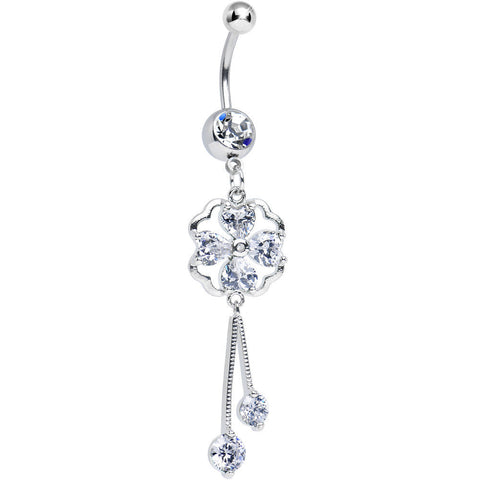 Clear CZ Clear Four Heart Clover Dangle Belly Ring