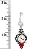 Clear Gem Baroque Clock with Red Rose Flower Dangle Belly Ring