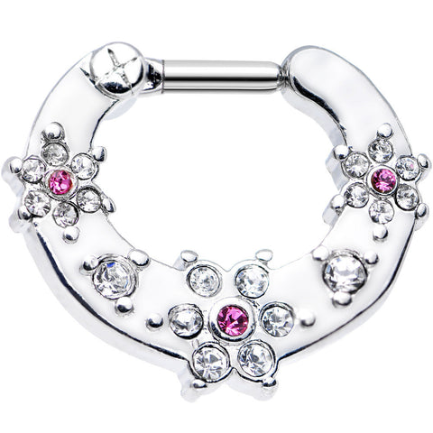 14G Clear and Pink Gem Flowers Septum Clicker