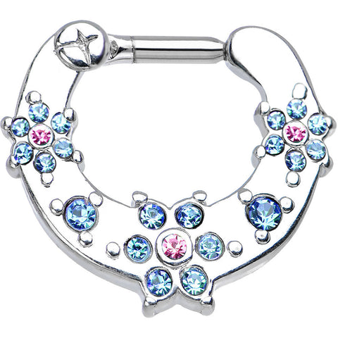 14G 1/4 Aqua and Pink Gem Flowers Septum Clicker