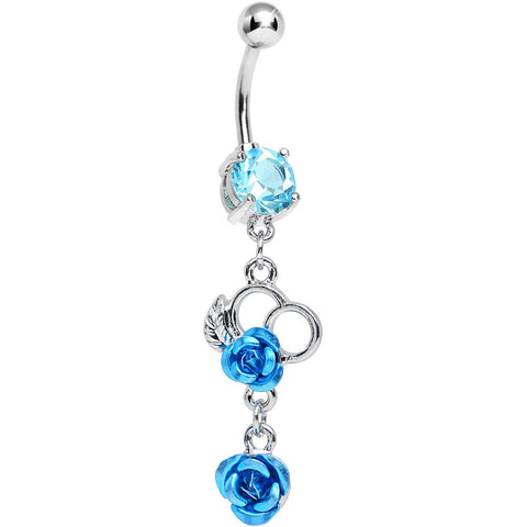 Aqua Gem Blue Metallic Morning Rose Flower Dangle Belly Ring