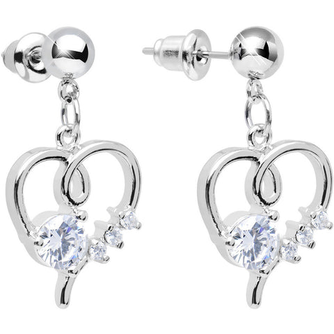 Clear Cubic Zirconia Feel the Love Heart Dangle Post Earrings