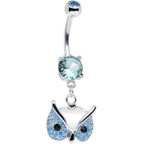 Aqua Gem Glitter Mask Owl Head Dangle Belly Ring