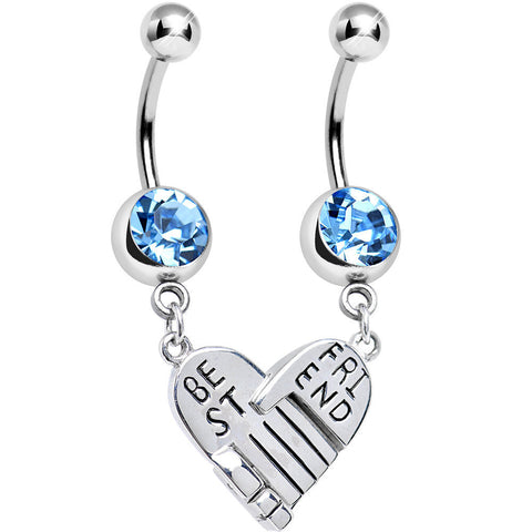 Aqua Gem Holding Hands Best Friend Heart Dangle Belly Ring Set