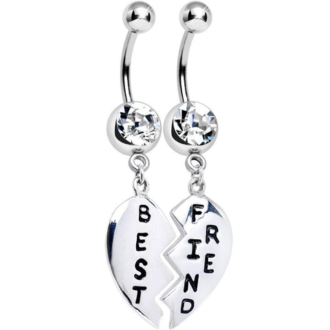 Clear Gem Best Friend Dedicated Heart Dangle Belly Ring Set