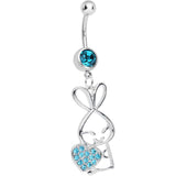 Aqua Cubic Zirconia Hugging Heart Bunny Dangle Belly Ring