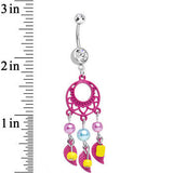 Clear Double CZ Pearly Feathers Pink Dreamcatcher Dangle Belly Ring
