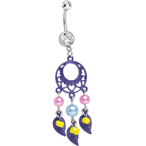 Clear Double CZ Pearly Feathers Purple Dreamcatcher Dangle Belly Ring