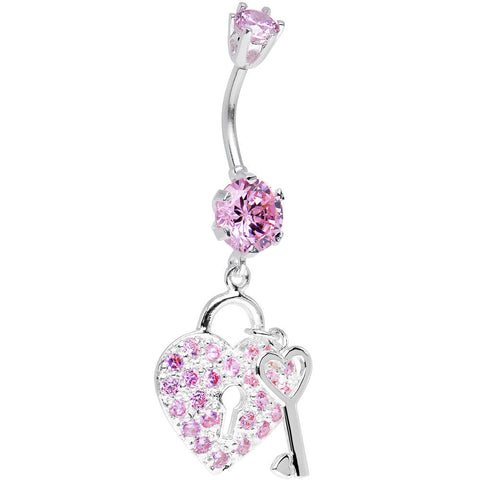 925 Sterling Silver Pink CZ Secret Love Heart Lock Dangle Belly Ring