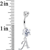 925 Sterling Silver Clear CZ Ornate Script Initial A Dangle Belly Ring