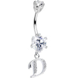 925 Sterling Silver Clear CZ Ornate Script Initial D Dangle Belly Ring