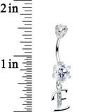 925 Sterling Silver Clear CZ Ornate Script Initial E Dangle Belly Ring