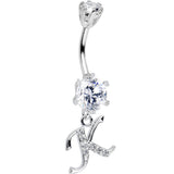 925 Sterling Silver Clear CZ Ornate Script Initial K Dangle Belly Ring