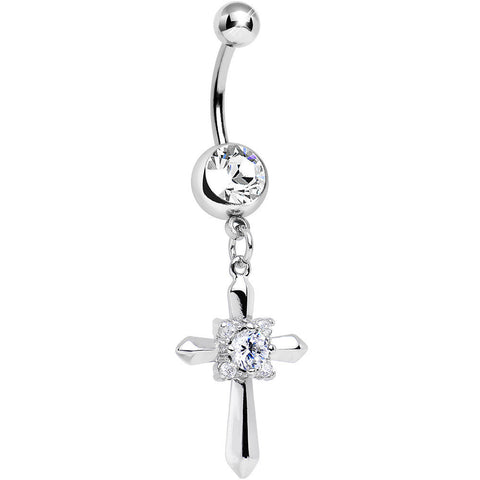 Clear Cubic Zirconia Sparkling Pious Cross Dangle Belly Ring