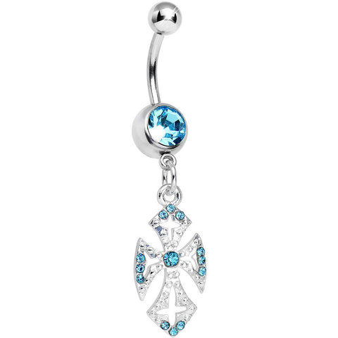 Aqua Gem Ornate Heavenly Cross Dangle Belly Ring