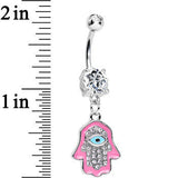 Clear Cubic Zirconia Blessed Pink Hamsa Hand Dangle Belly Ring