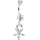 925 Sterling Silver Clear CZ Five Petal Flower Dangle Belly Ring