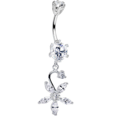 925 Sterling Silver Clear CZ Five Petal Flower Dangle Belly Ring