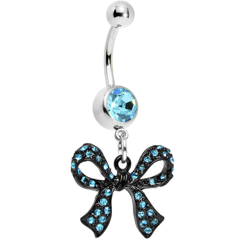 Aqua Gem Paved Black Girly Bow Dangle Belly Ring
