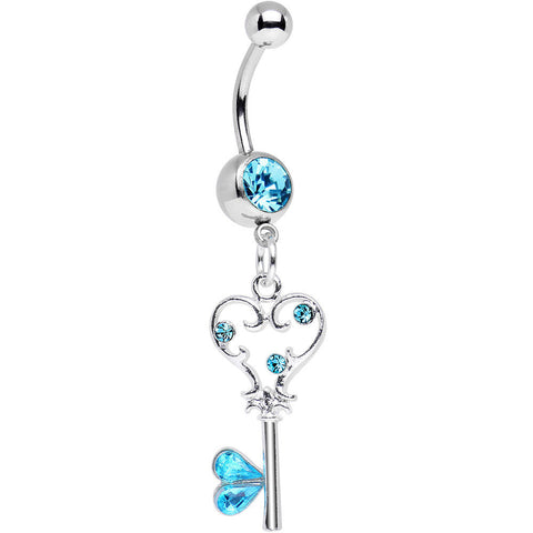 Aqua Gem Fancy Curlicue Heart Key Dangle Belly Ring